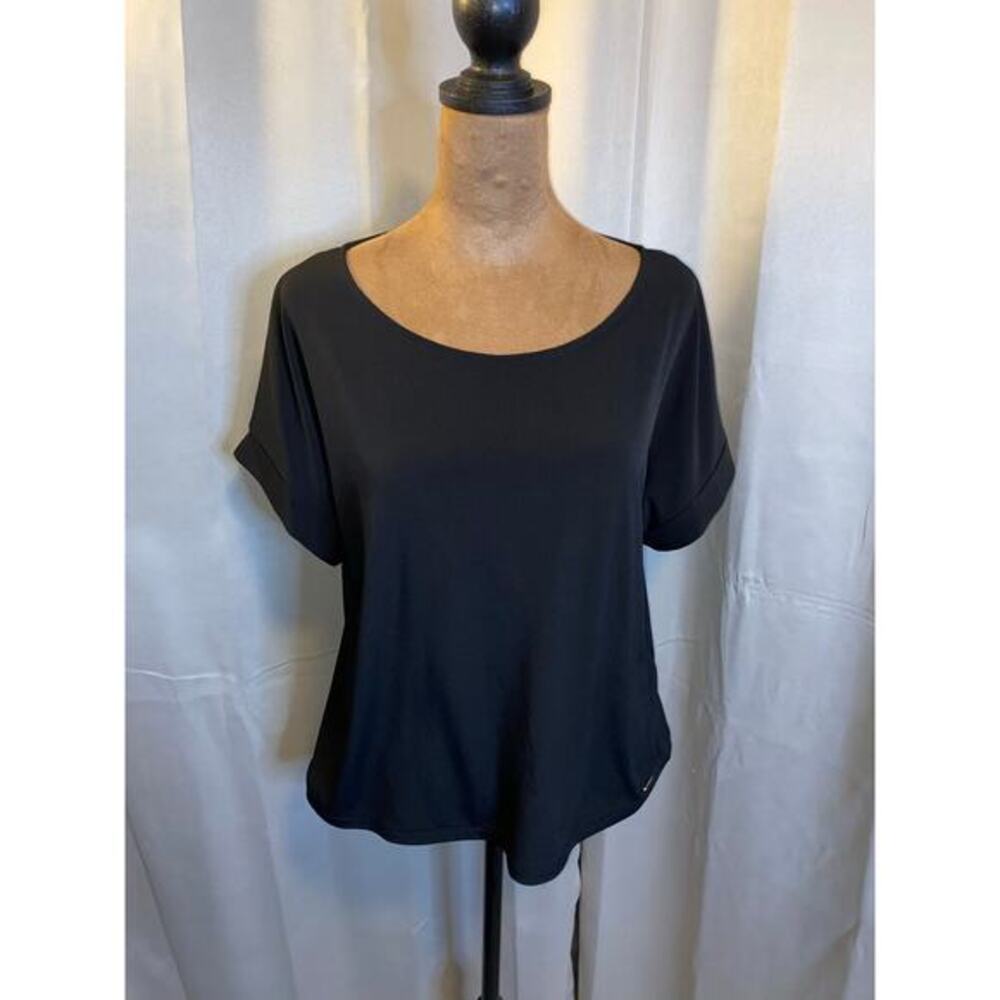 Calvin Klein Womens Black Short Sleeve Blouse Top S Rolled Sleeve Stretch Shirt